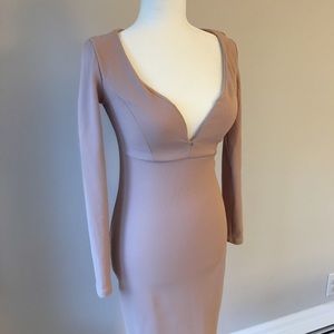 Tan Deep V Long Sleeve Midi Dress